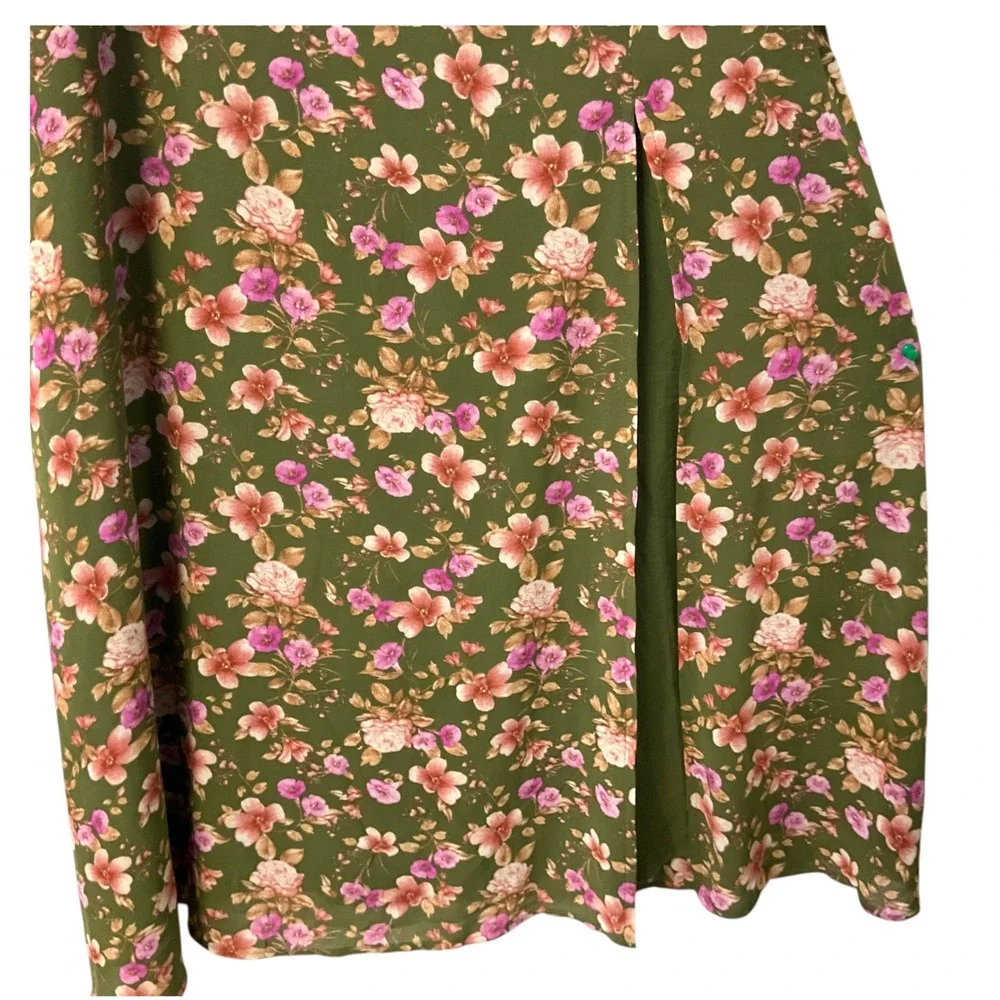 F21‎ Womens Olive Green Floral Open Back Tie Maxi Dress SZ  M Puff Sleeve NWT